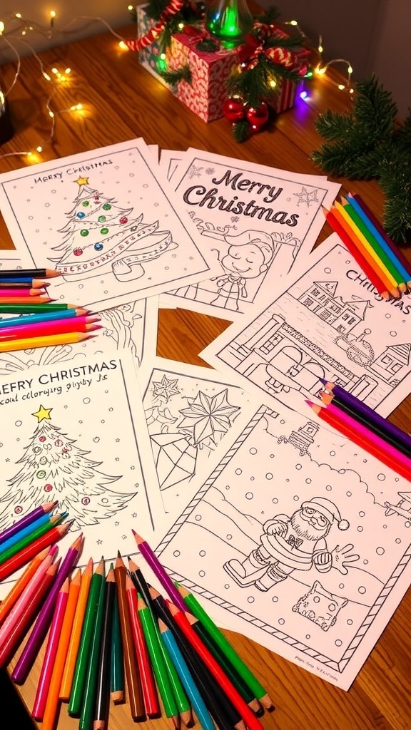 A selection of Christmas coloring pages with festive designs on a table, surrounded by coloring supplies.